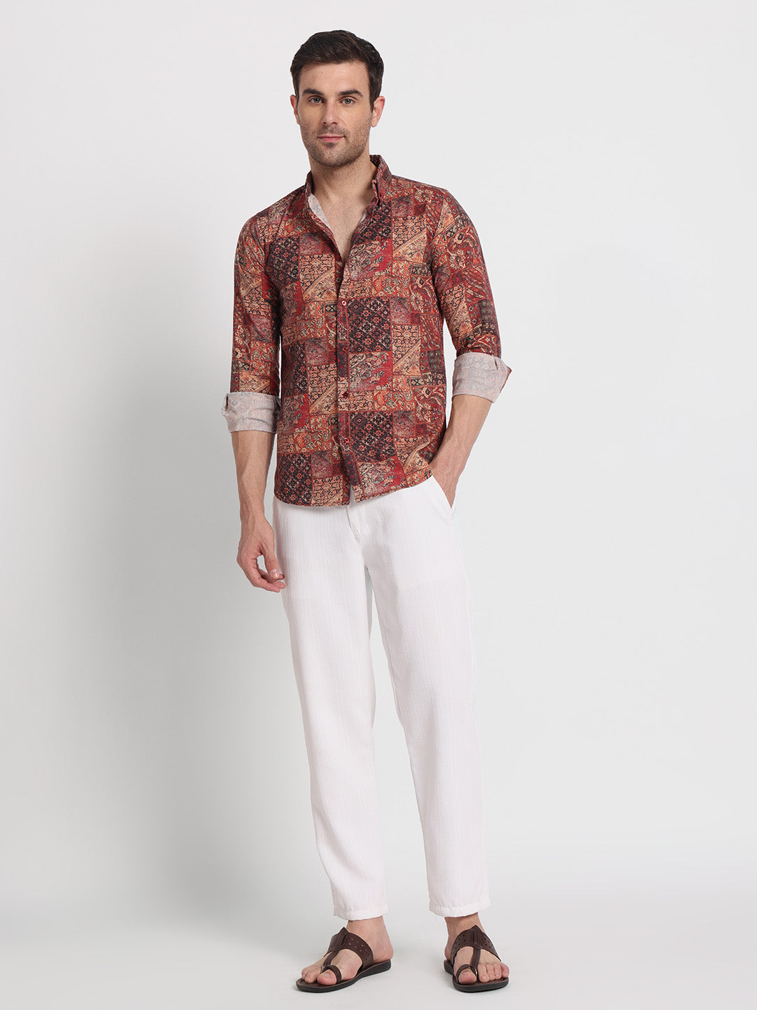 Red Print Cotton linen shirt