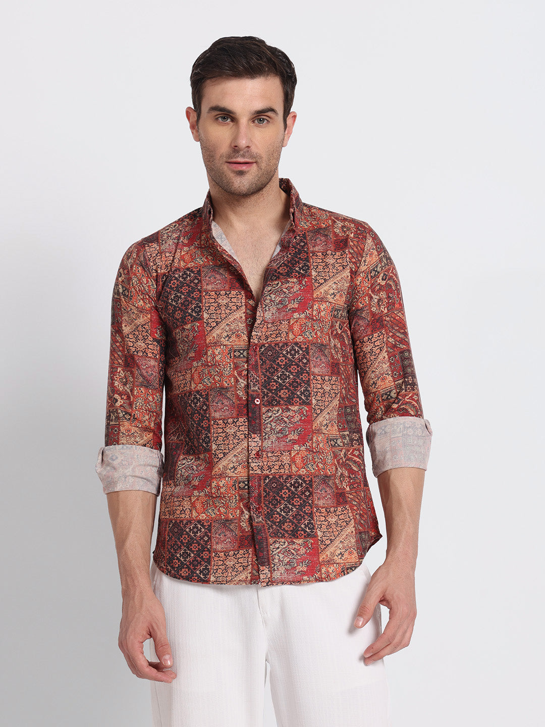 Red Print Cotton linen shirt