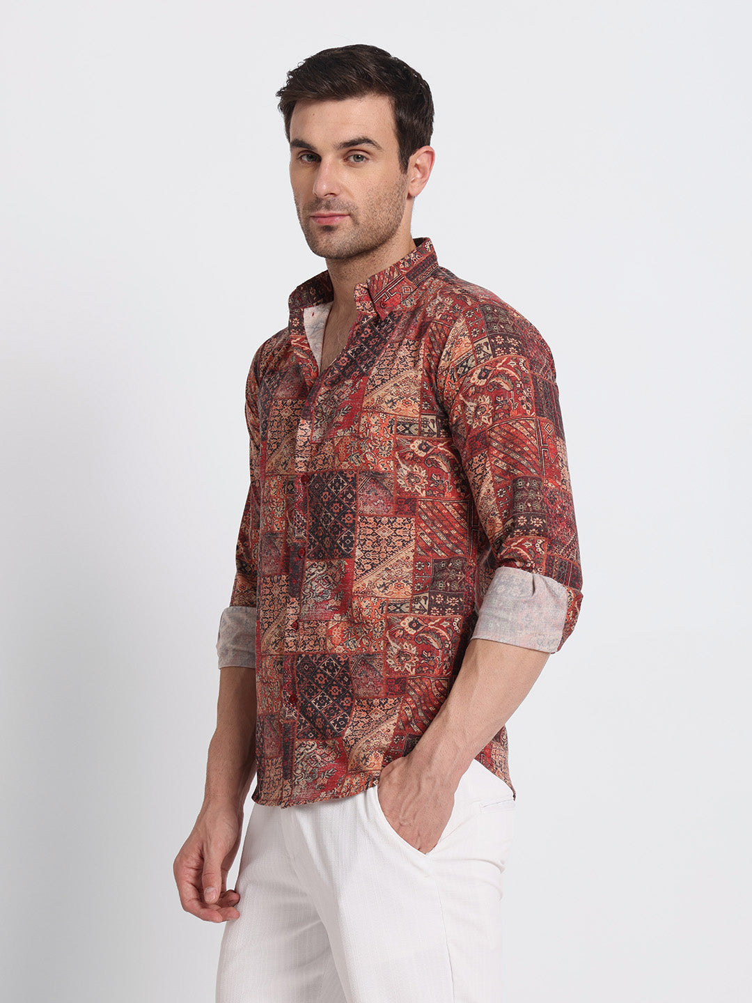 Red Print Cotton linen shirt