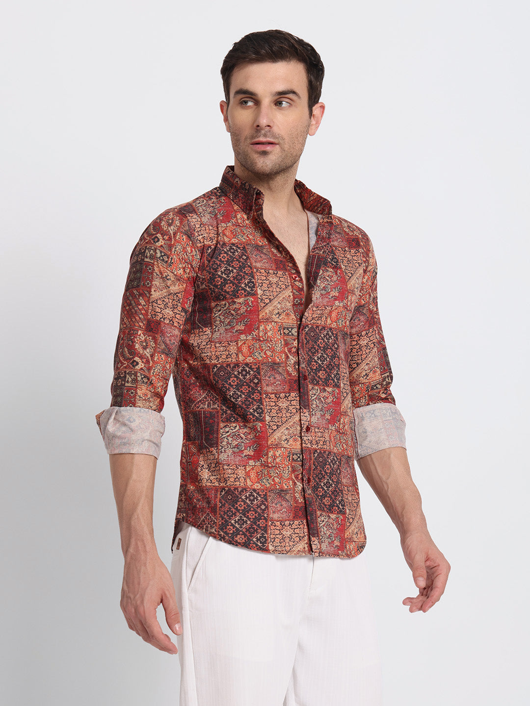 Red Print Cotton linen shirt
