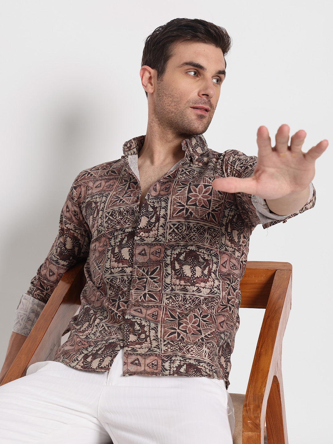 Brown Print Cotton Linen Shirt
