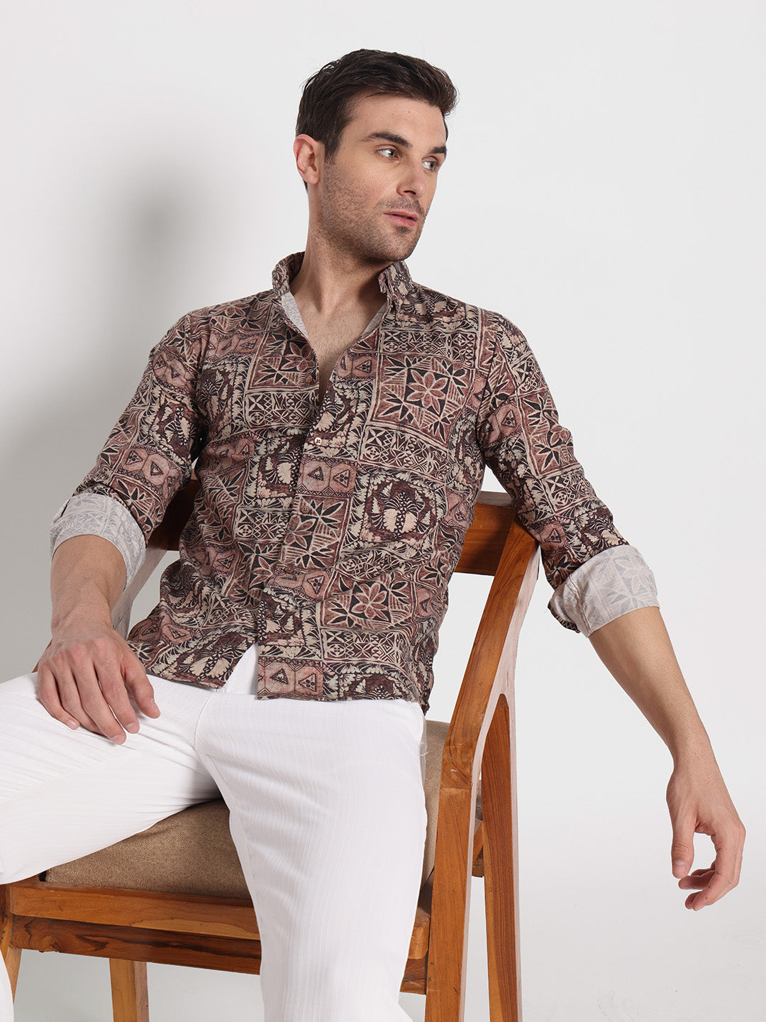 Brown Print Cotton Linen Shirt