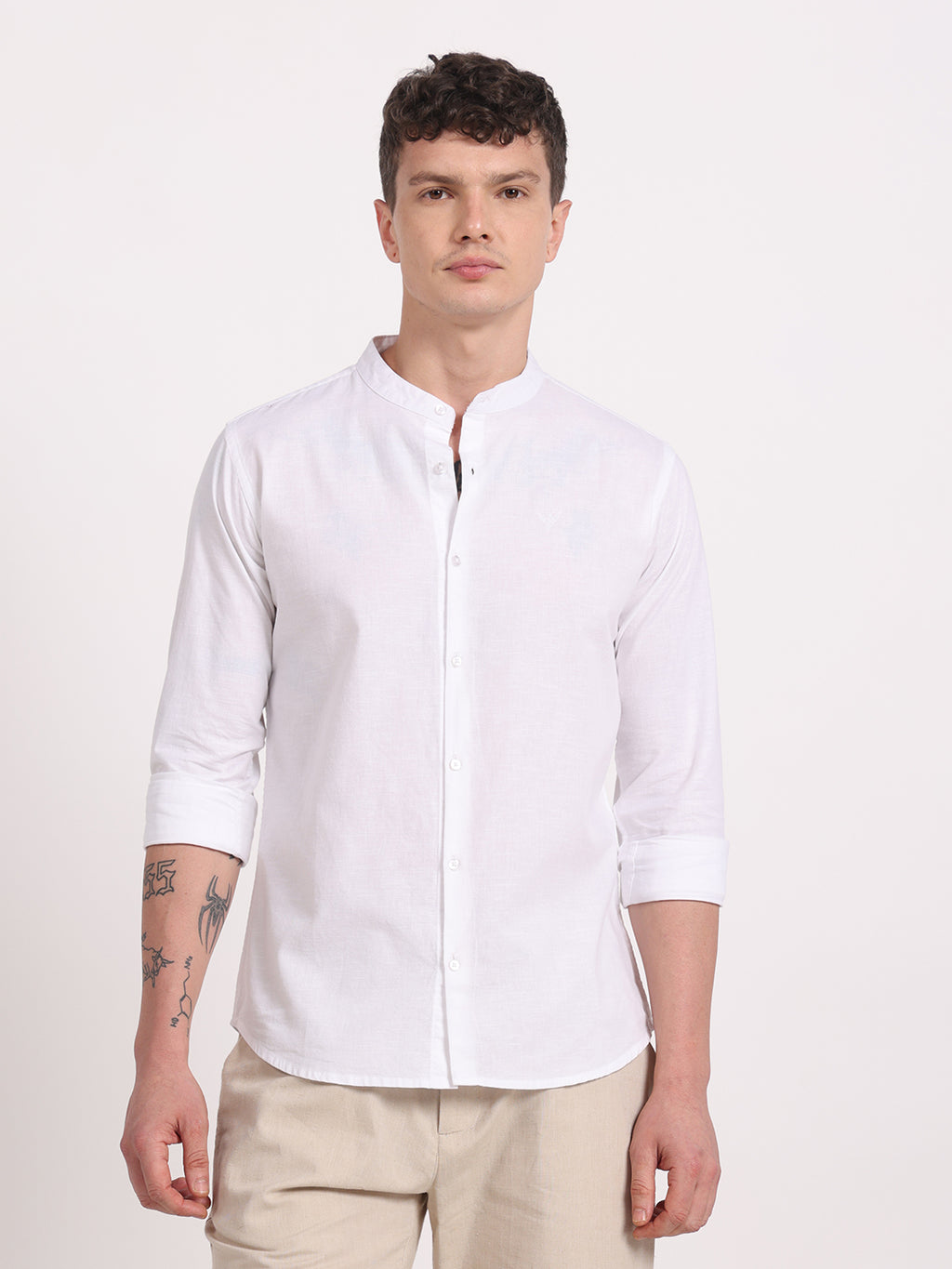 White Linen Mandarin Collar Shirt