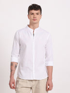 White Linen Mandarin Collar Shirt