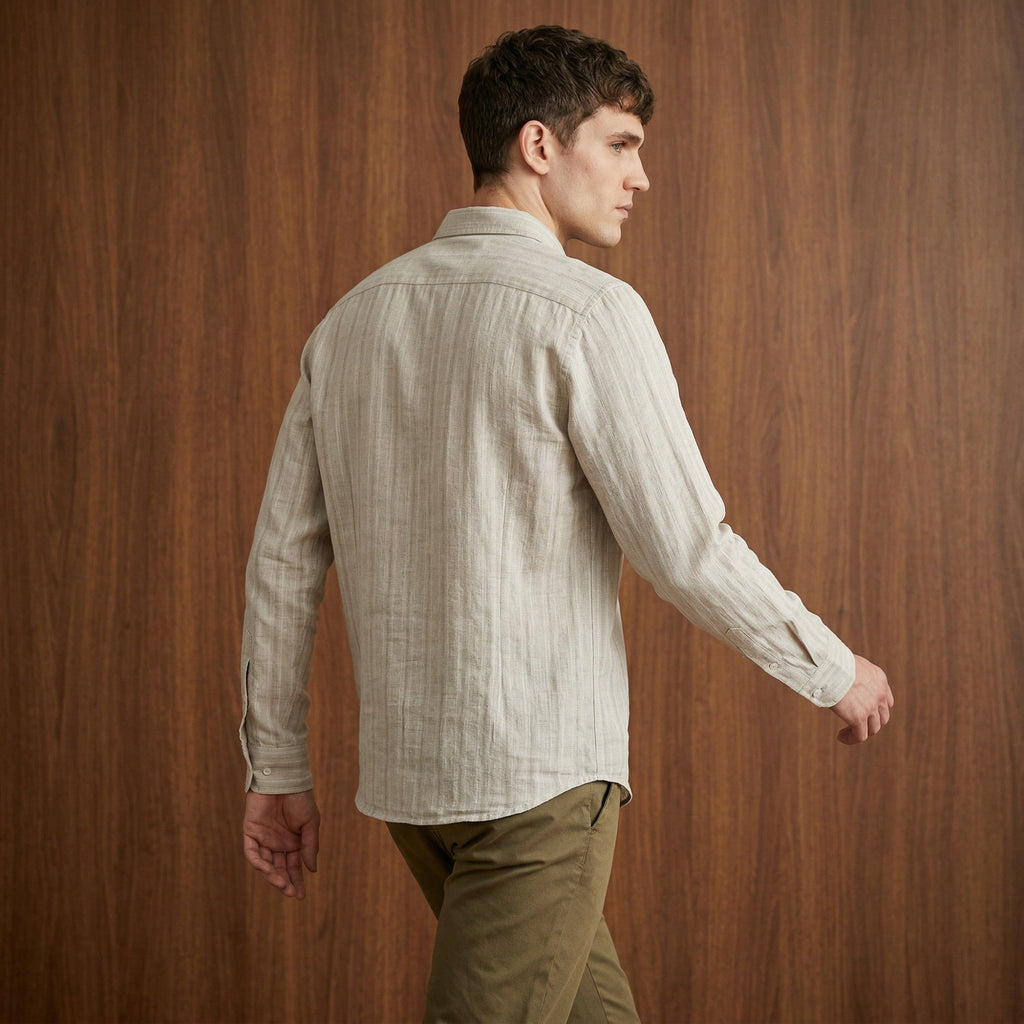 White Stripes Linen Khadi Mandarin Collar Shirt
