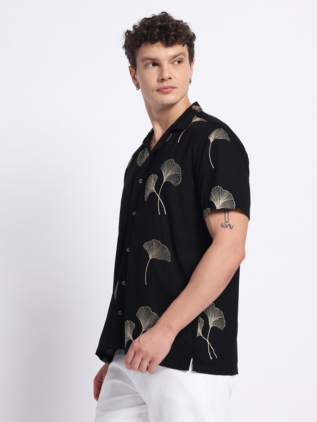 Black Viscose Embroidered Half shirt