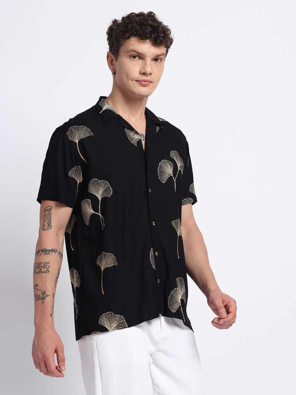 Black Viscose Embroidered Half shirt