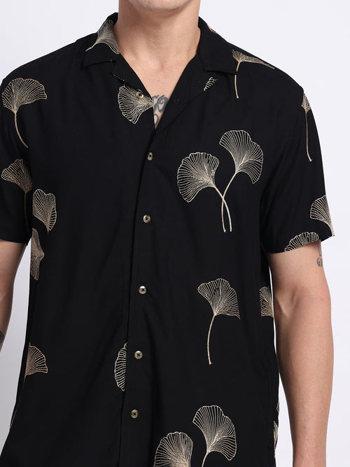 Black Viscose Embroidered Half shirt