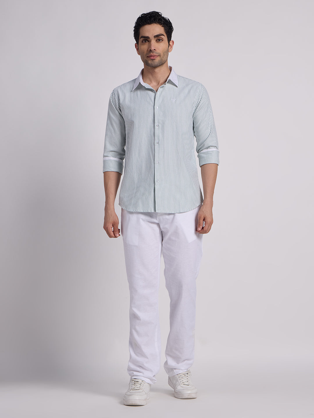 Gentleren Men’s Cotton Oxford Stripe Semi-Formal Shirt with Convertible Contrast Cuffs & Contrast Collar