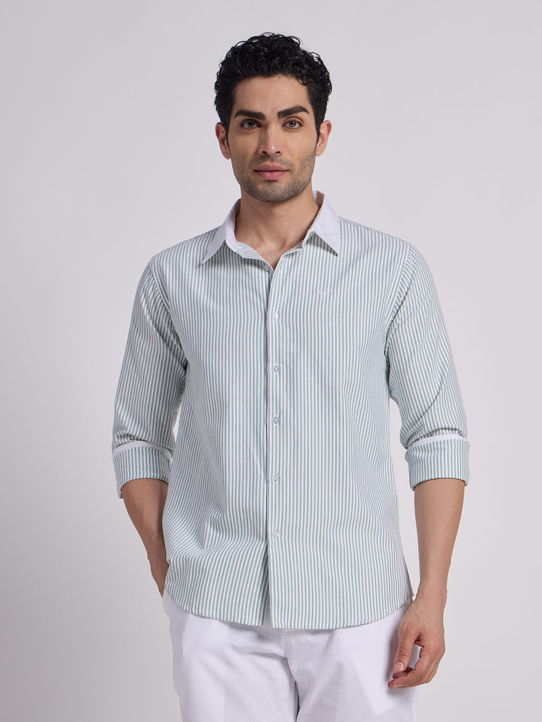 Gentleren Men’s Cotton Oxford Stripe Semi-Formal Shirt with Convertible Contrast Cuffs & Contrast Collar