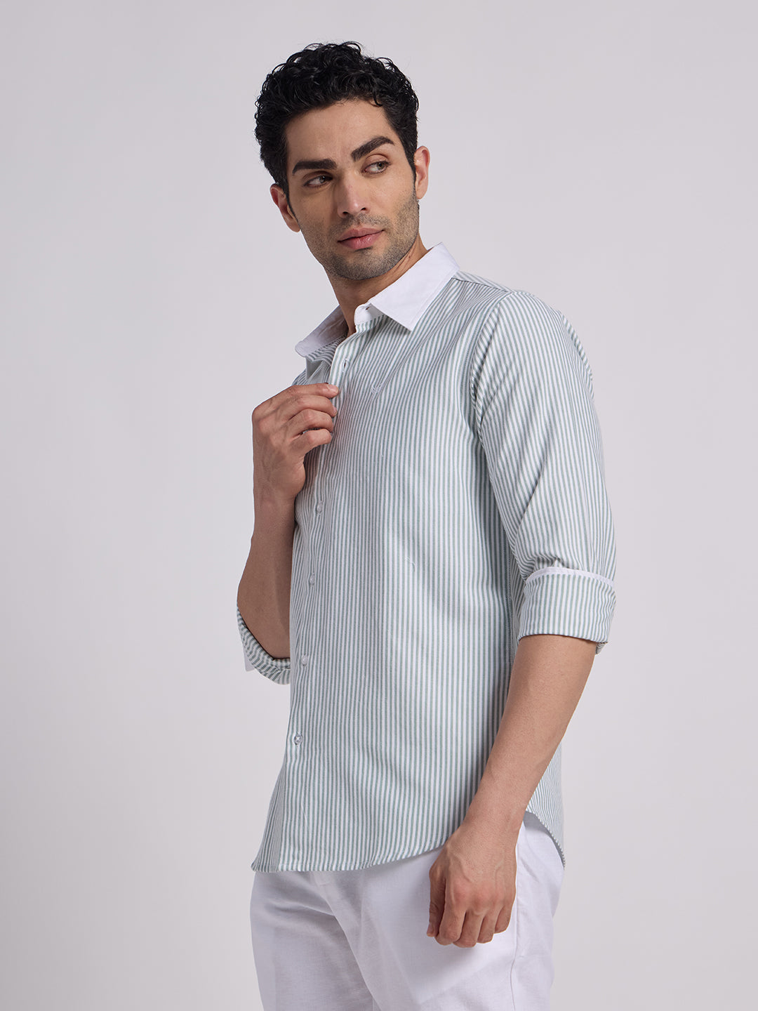 Gentleren Men’s Cotton Oxford Stripe Semi-Formal Shirt with Convertible Contrast Cuffs & Contrast Collar