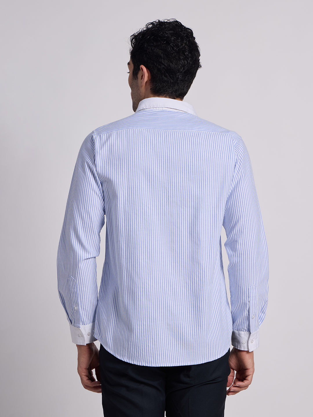 Gentleren Men’s Cotton Oxford Stripe Semi-Formal Shirt with Convertible Contrast Cuffs & Contrast Collar
