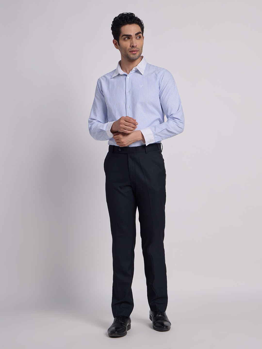 Gentleren Men’s Cotton Oxford Stripe Semi-Formal Shirt with Convertible Contrast Cuffs & Contrast Collar