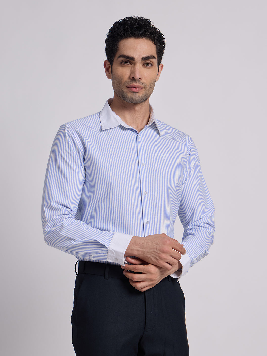 Gentleren Men’s Cotton Oxford Stripe Semi-Formal Shirt with Convertible Contrast Cuffs & Contrast Collar