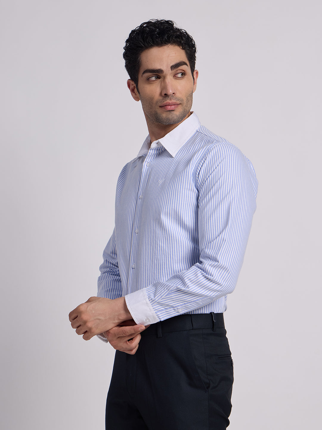 Gentleren Men’s Cotton Oxford Stripe Semi-Formal Shirt with Convertible Contrast Cuffs & Contrast Collar
