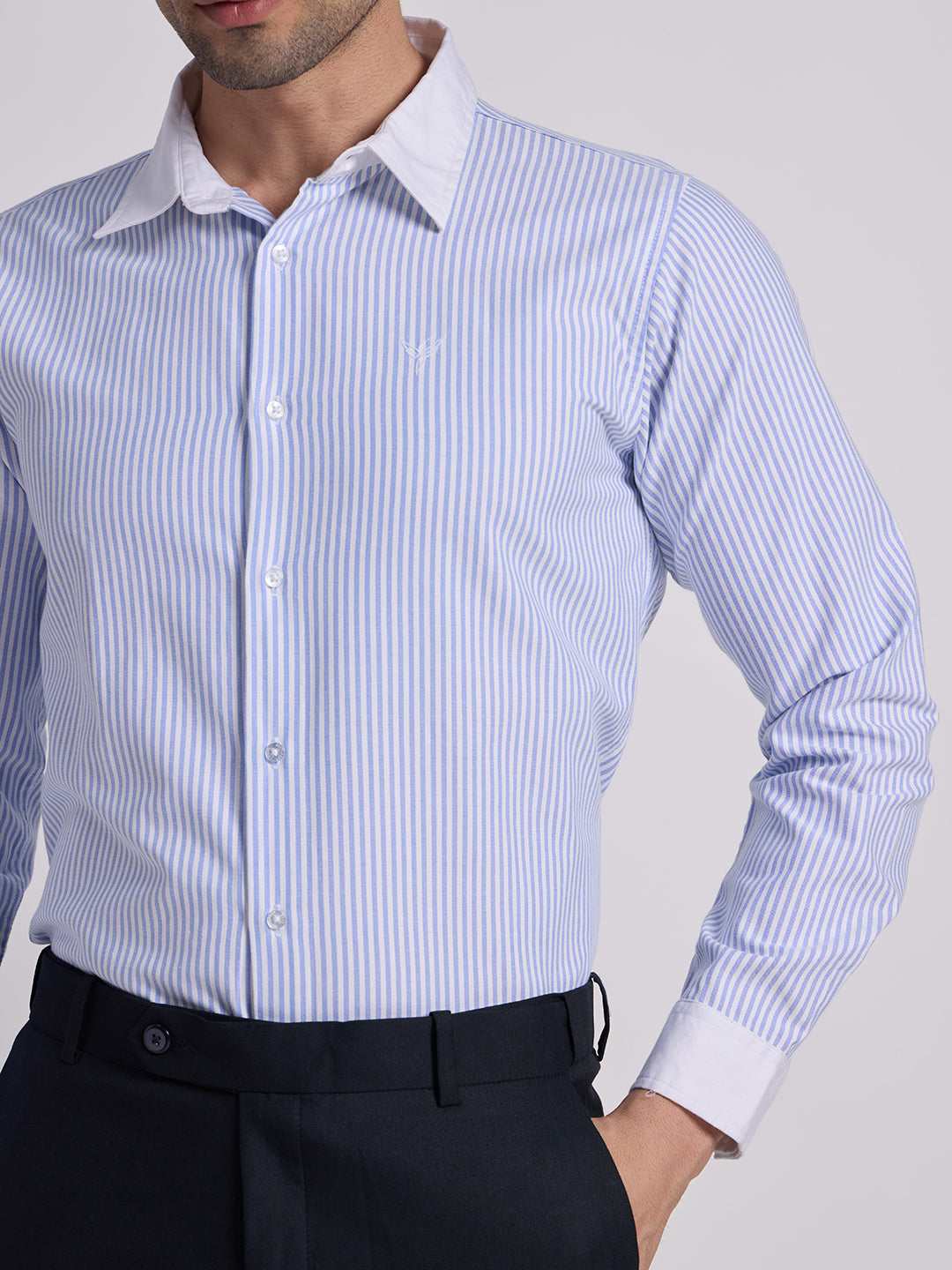Gentleren Men’s Cotton Oxford Stripe Semi-Formal Shirt with Convertible Contrast Cuffs & Contrast Collar