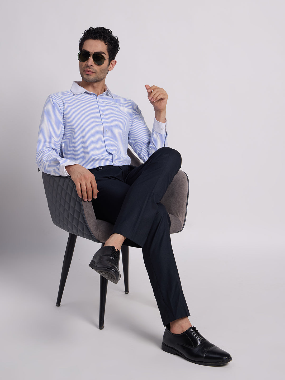 Gentleren Men’s Cotton Oxford Stripe Semi-Formal Shirt with Convertible Contrast Cuffs & Contrast Collar