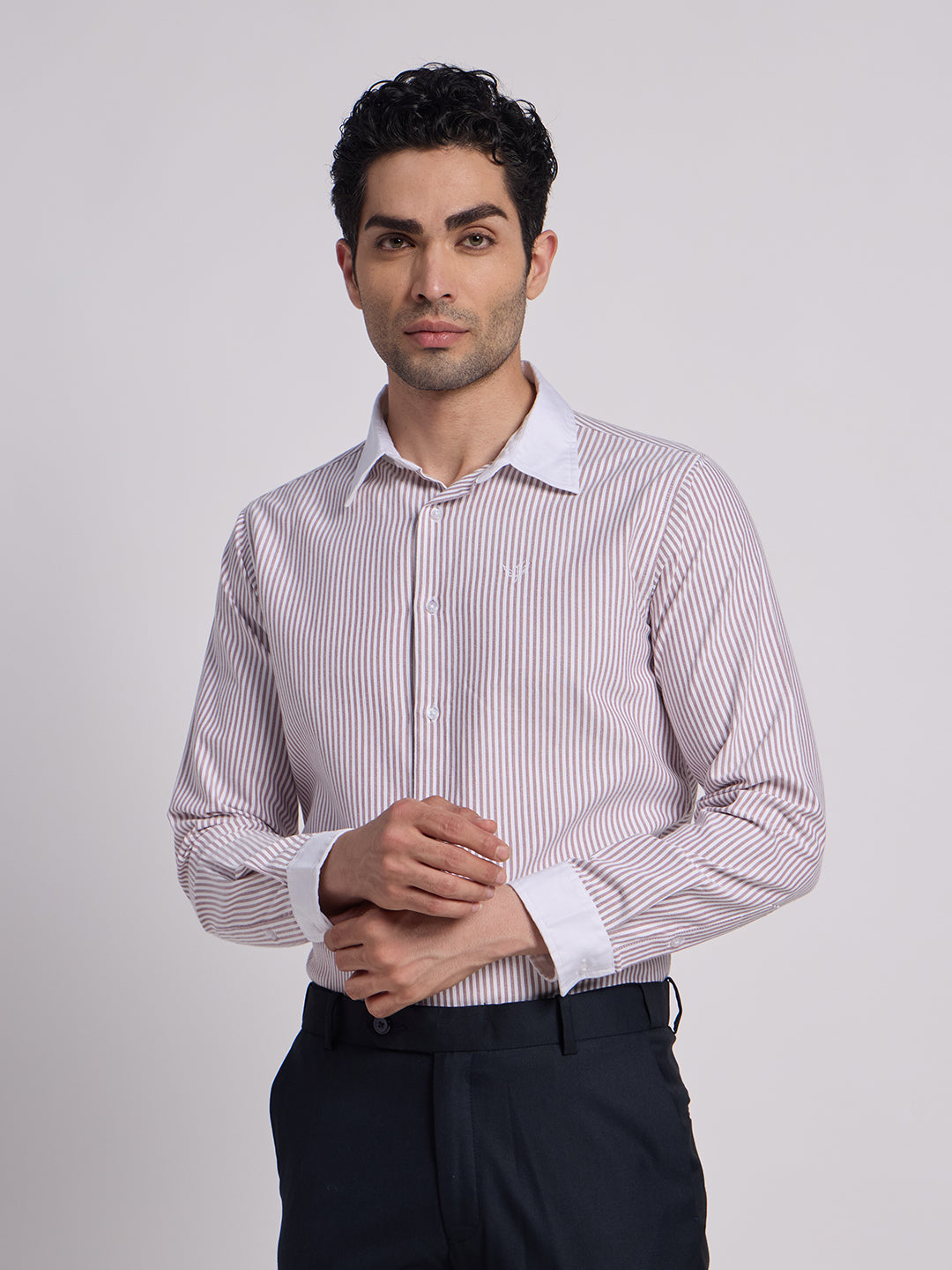 Gentleren Men’s Cotton Oxford Stripe Semi-Formal Shirt with Convertible Contrast Cuffs & Contrast Collar