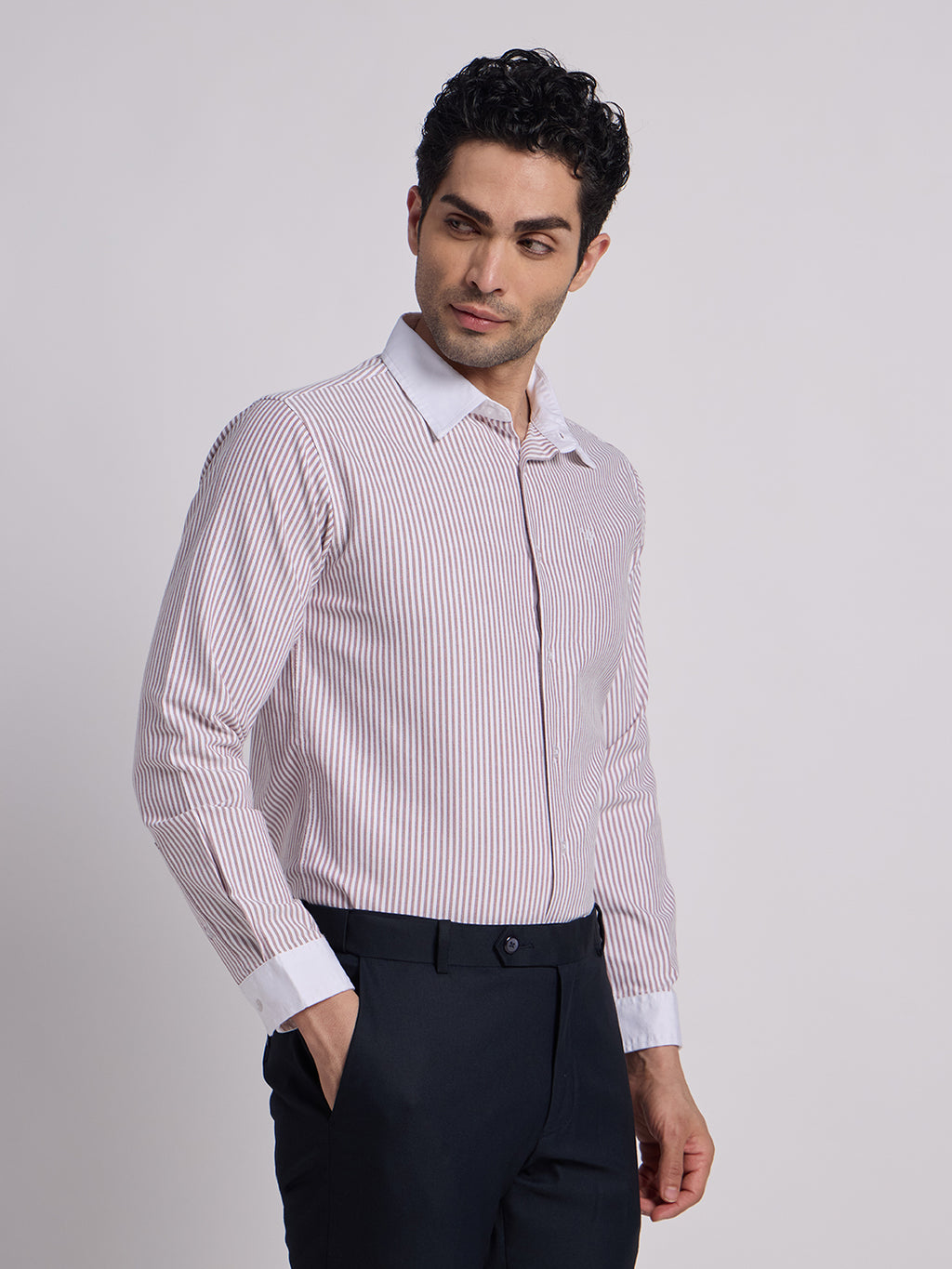 Gentleren Men’s Cotton Oxford Stripe Semi-Formal Shirt with Convertible Contrast Cuffs & Contrast Collar
