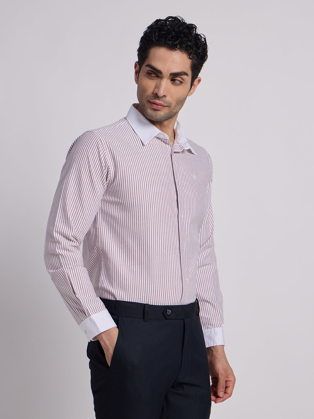 Gentleren Men’s Cotton Oxford Stripe Semi-Formal Shirt with Convertible Contrast Cuffs & Contrast Collar