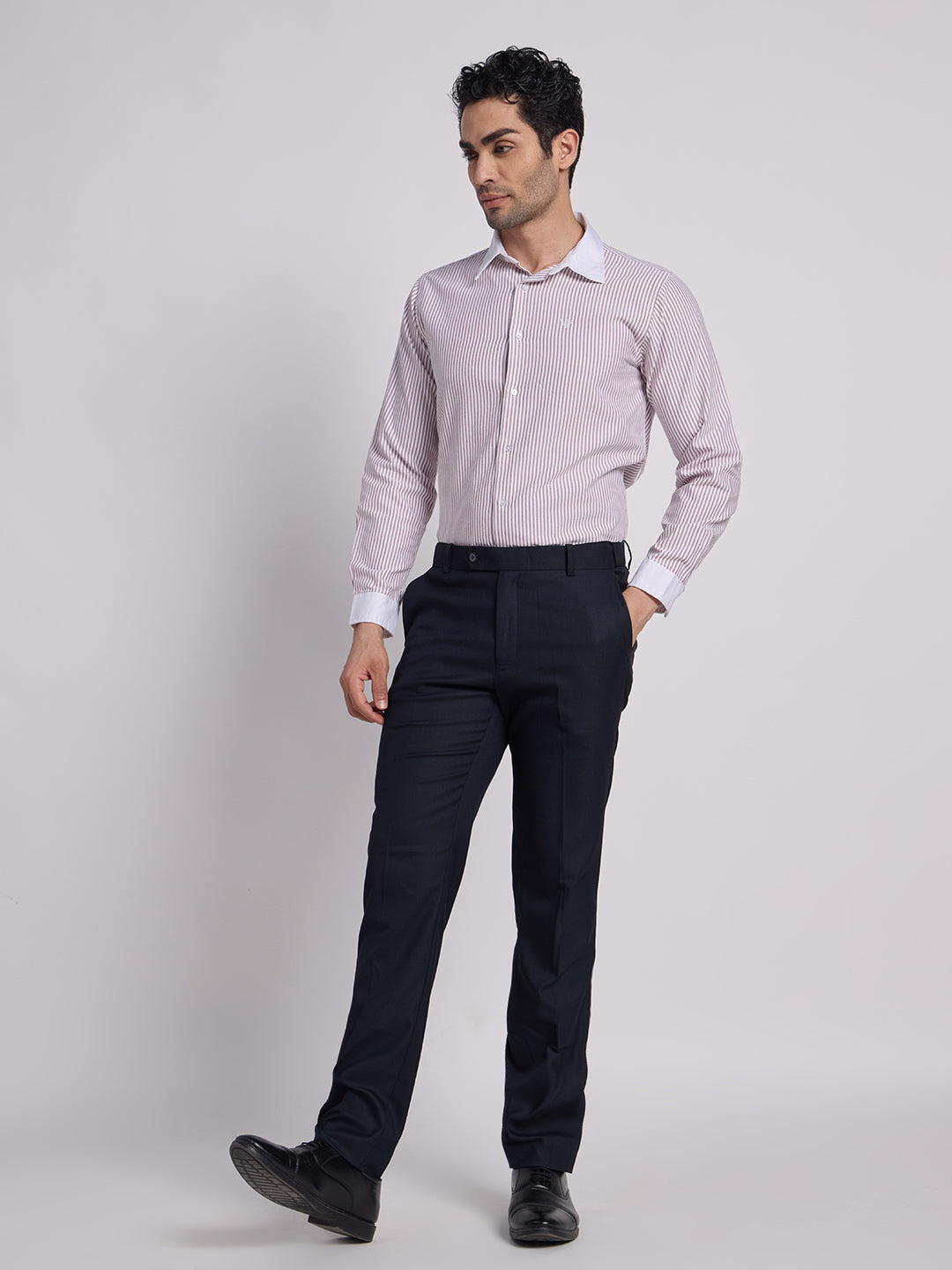 Gentleren Men’s Cotton Oxford Stripe Semi-Formal Shirt with Convertible Contrast Cuffs & Contrast Collar