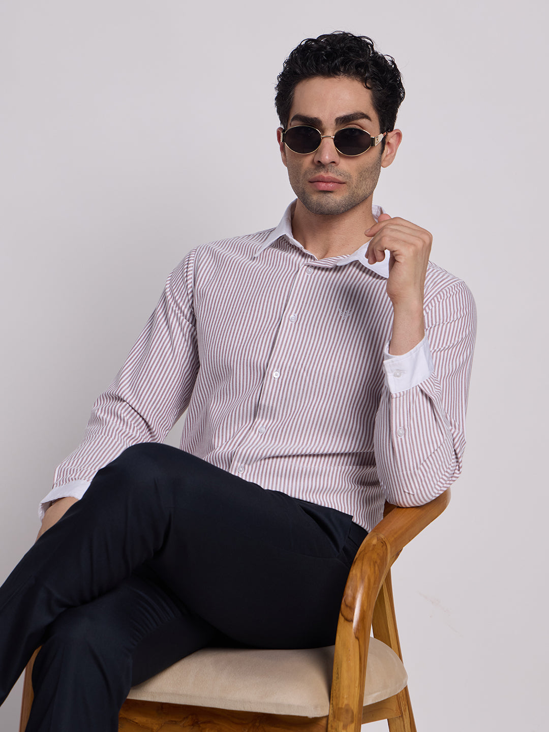 Gentleren Men’s Cotton Oxford Stripe Semi-Formal Shirt with Convertible Contrast Cuffs & Contrast Collar