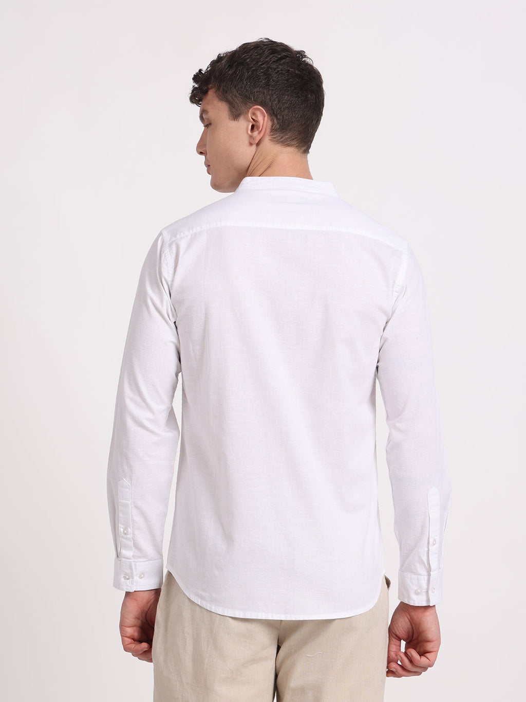 White Linen Mandarin Collar Shirt
