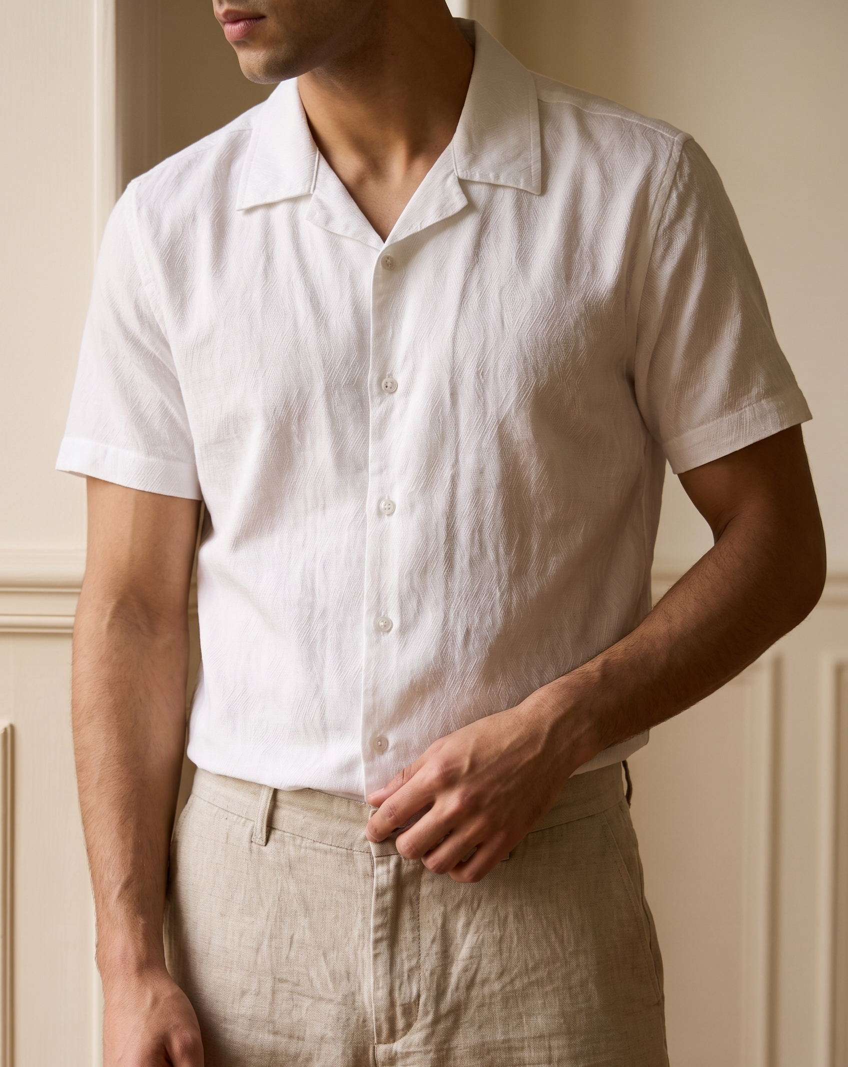 White Self Design Half Shirt