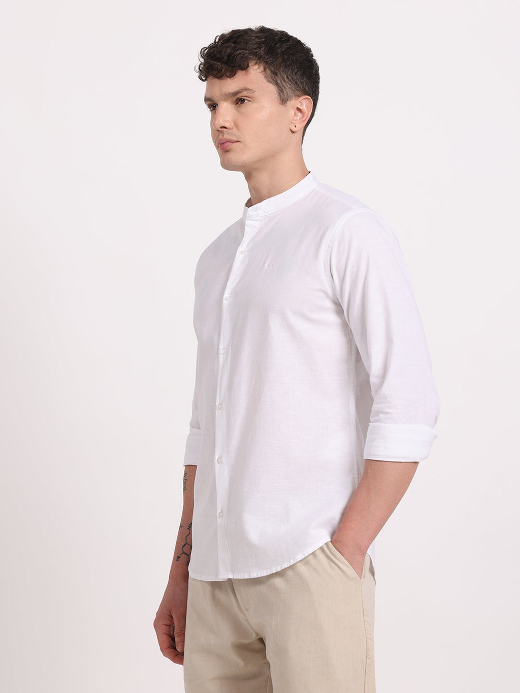 White Linen Mandarin Collar Shirt