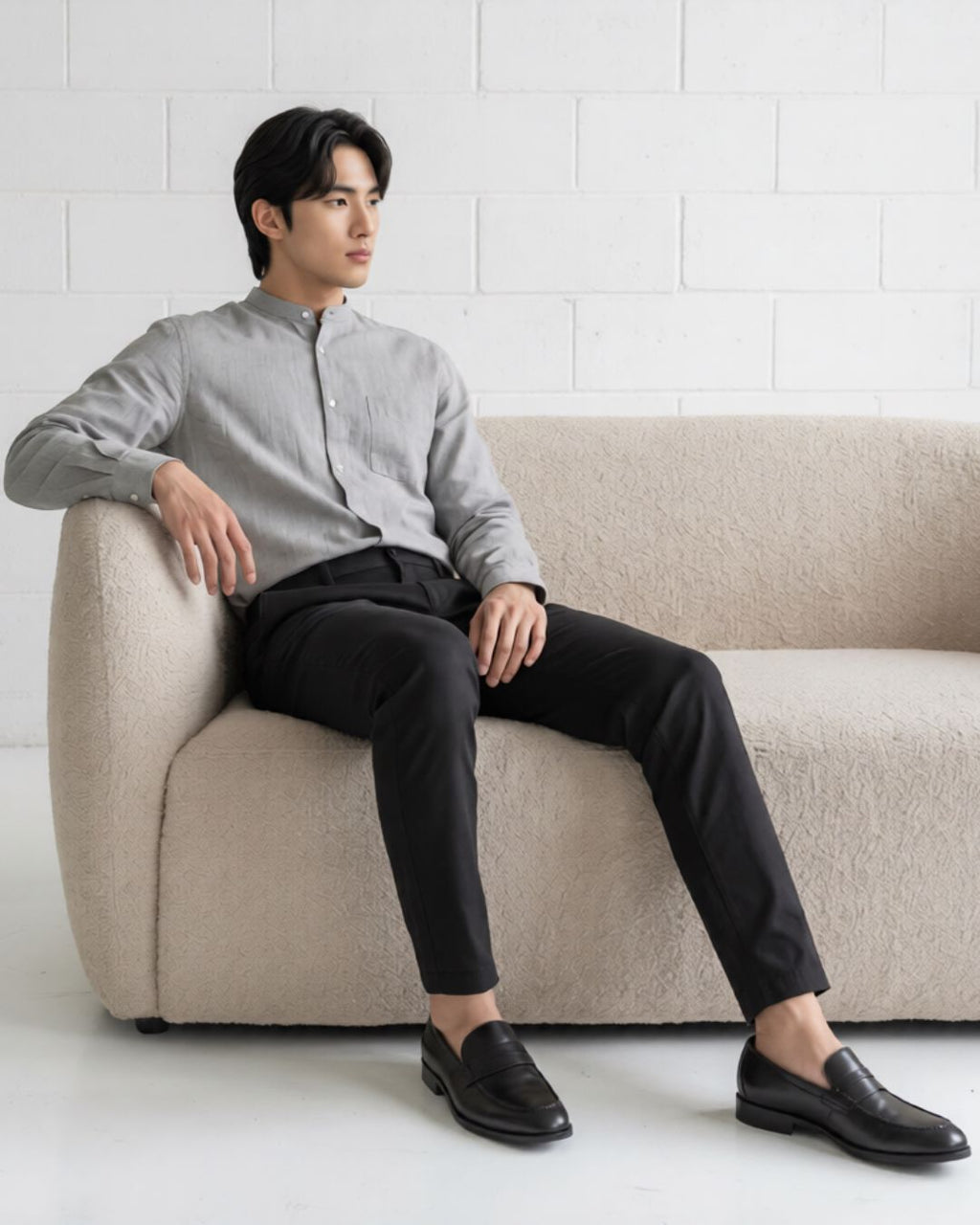 Grey Linen Mandarin Collar Shirt