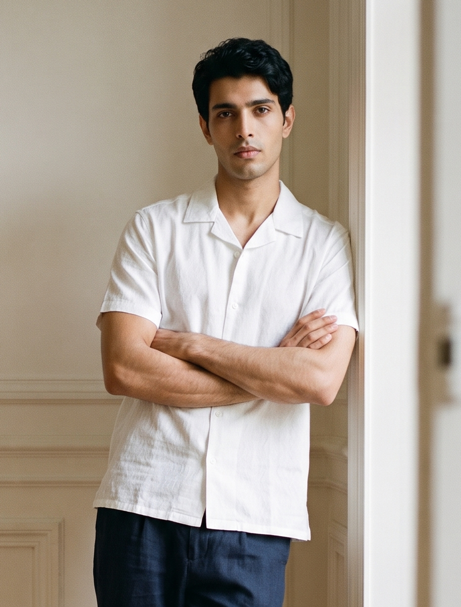 White Self Design Half Shirt