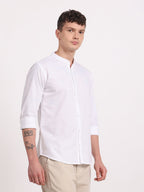 White Linen Mandarin Collar Shirt