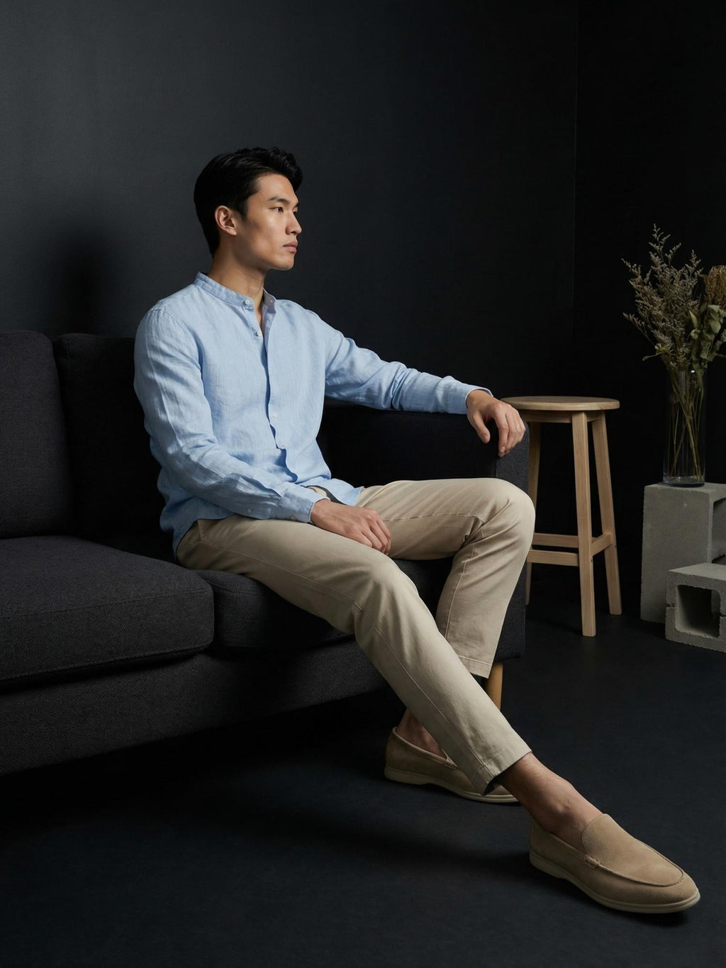 Powder Blue Linen Mandarin Collar Shirt