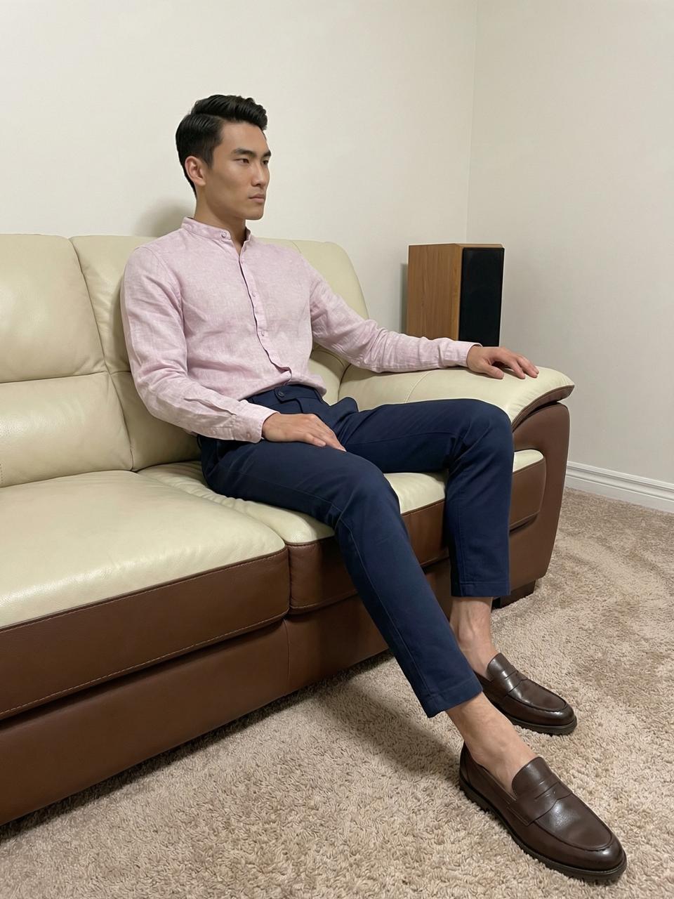 Pink Linen Mandarin Collar Shirt