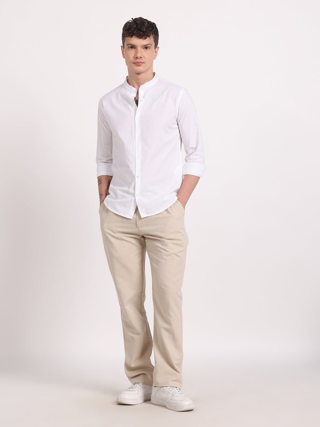 White Linen Mandarin Collar Shirt