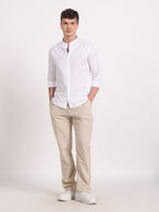 White Linen Mandarin Collar Shirt