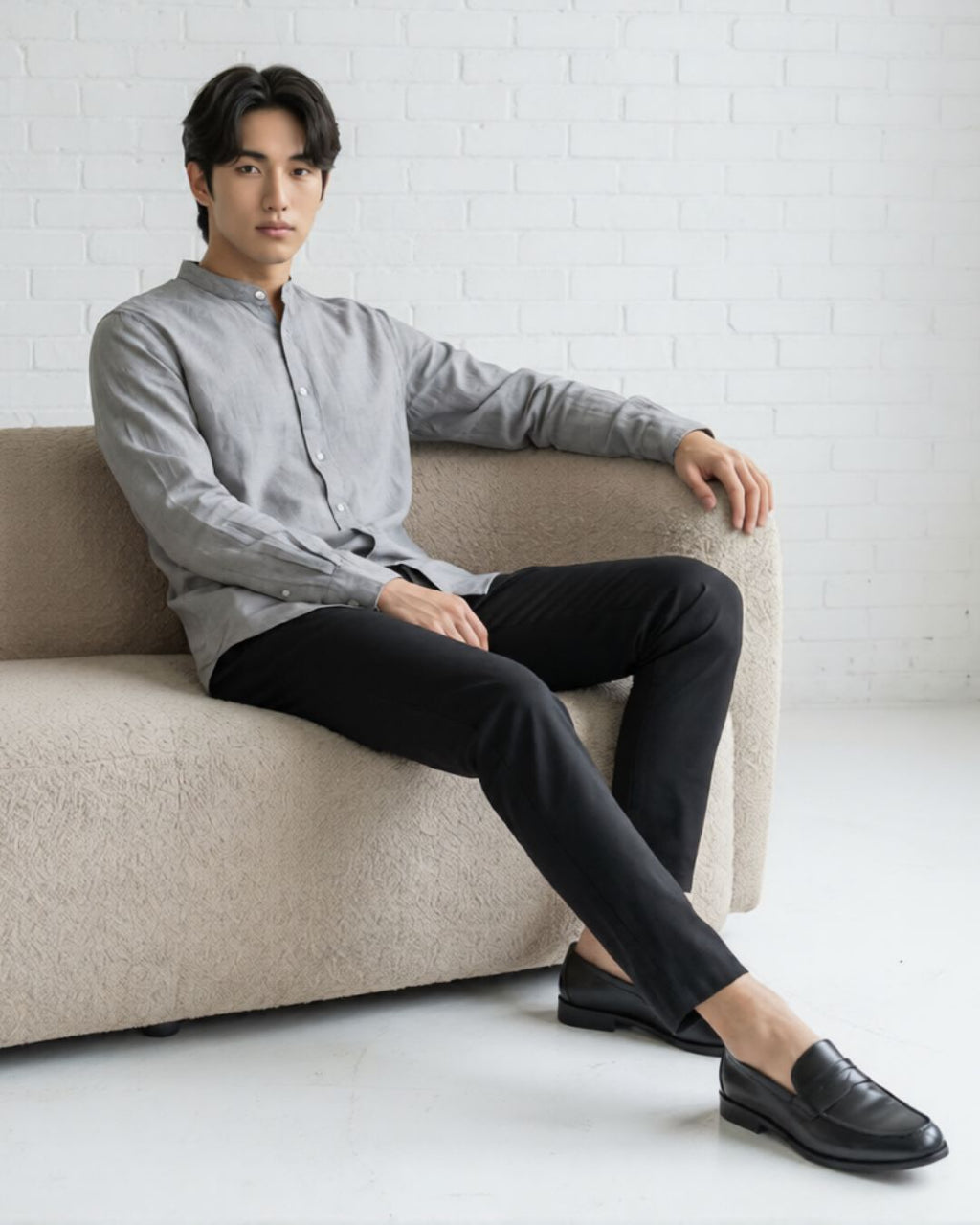 Grey Linen Mandarin Collar Shirt