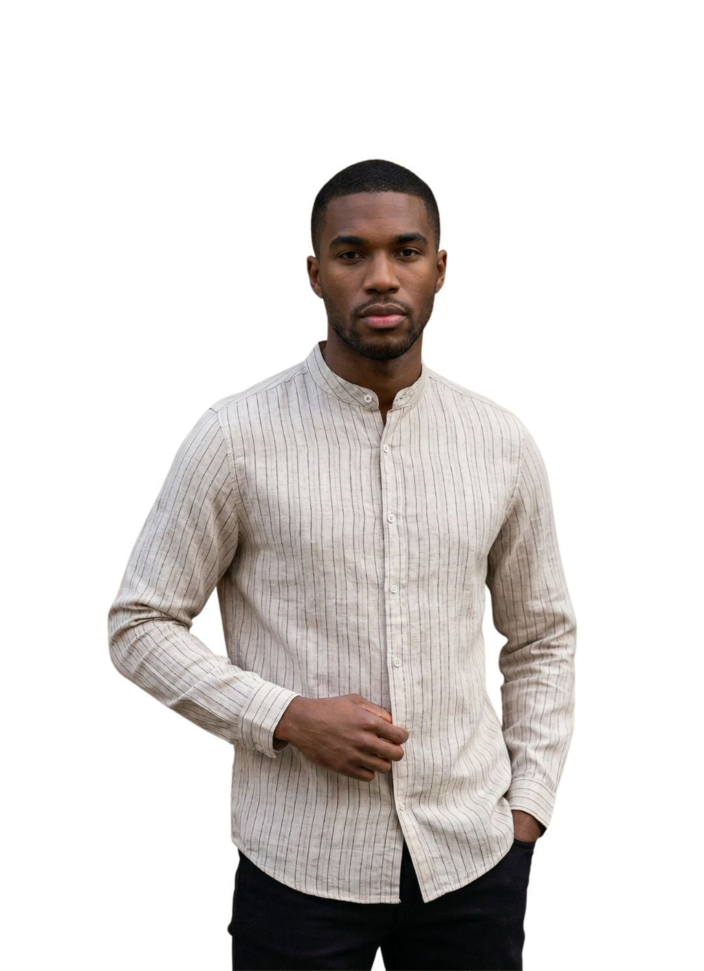 Black Stripes Linen Khadi Mandarin Collar Shirt