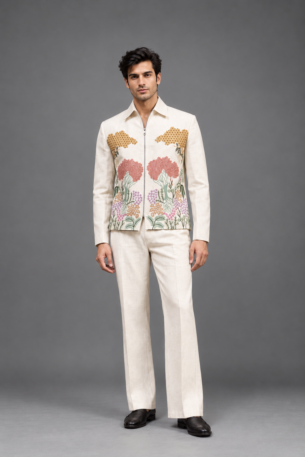 Mens white Velvet Embroidered Bomber Jacket with Pant.