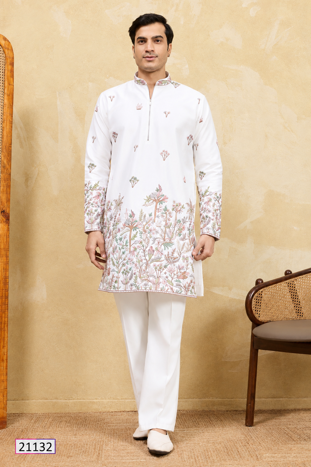 White Art Silk Sequins Embroidered Men's Kurta for weddings