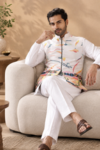 White Wedding Wear Carnival Koti Kurta Pair for Mens Wear