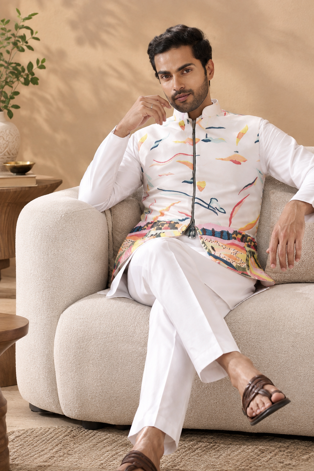 White Wedding Wear Carnival Koti Kurta Pair for Mens Wear
