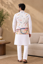 White Wedding Wear Carnival Koti Kurta Pair for Mens Wear