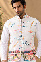 White Wedding Wear Carnival Koti Kurta Pair for Mens Wear