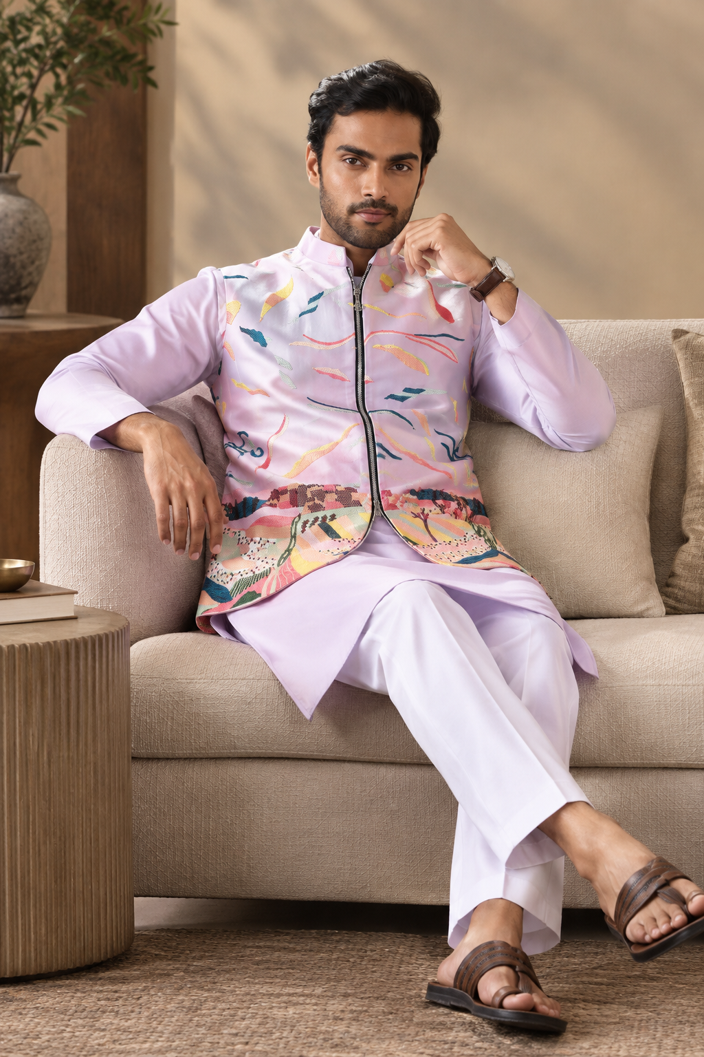 Lavender Wedding Carnival Koti Kurta Set for Mens