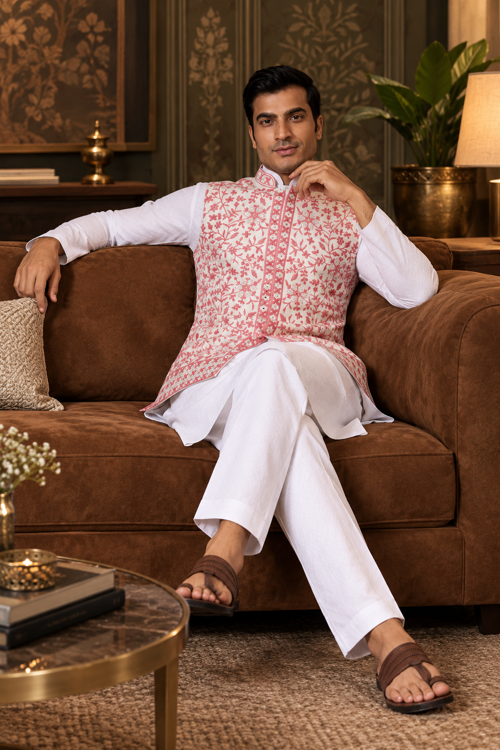 Wedding Pink Koti with White Kurta Pajama Set