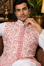 Wedding Pink Koti with White Kurta Pajama Set
