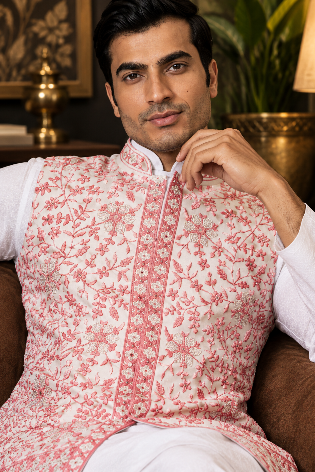 Wedding Pink Koti with White Kurta Pajama Set