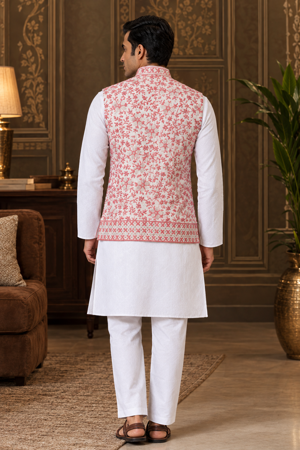 Wedding Pink Koti with White Kurta Pajama Set
