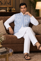 Wedding Blue Koti with White Kurta Pajama Set